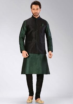 Rama Green Solid Art Silk Nehru Jackets Set For Men