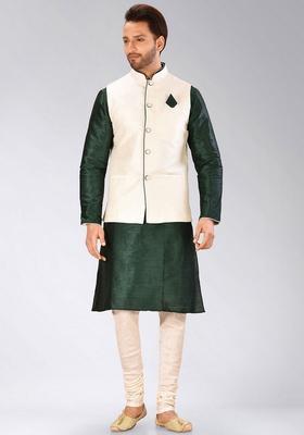 Rama Green Solid Art Silk Nehru Jackets Set For Men
