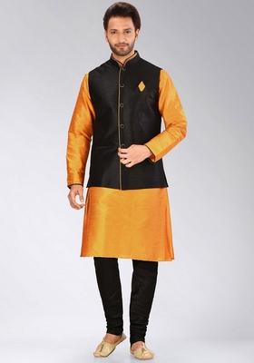 Mustard Yellow Solid Art Silk Nehru Jackets Set For Men