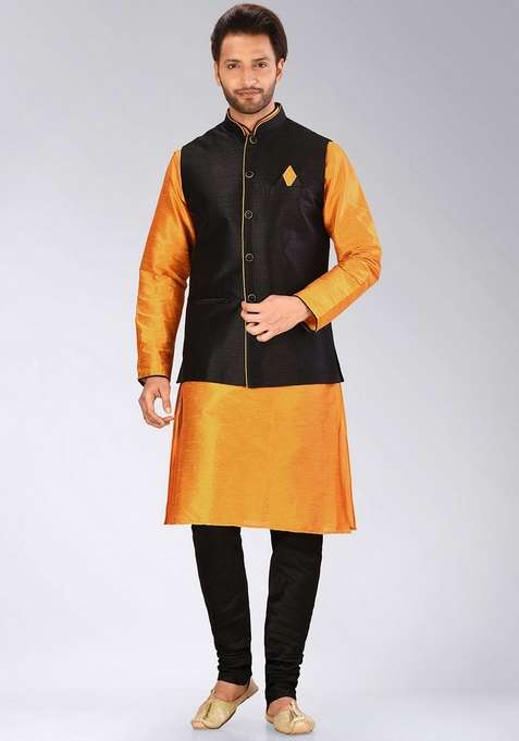 Mustard Yellow Solid Art Silk Blend Nehru Jackets Set For Men