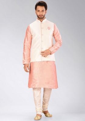 Pink Solid Art Silk Nehru Jackets Set For Men