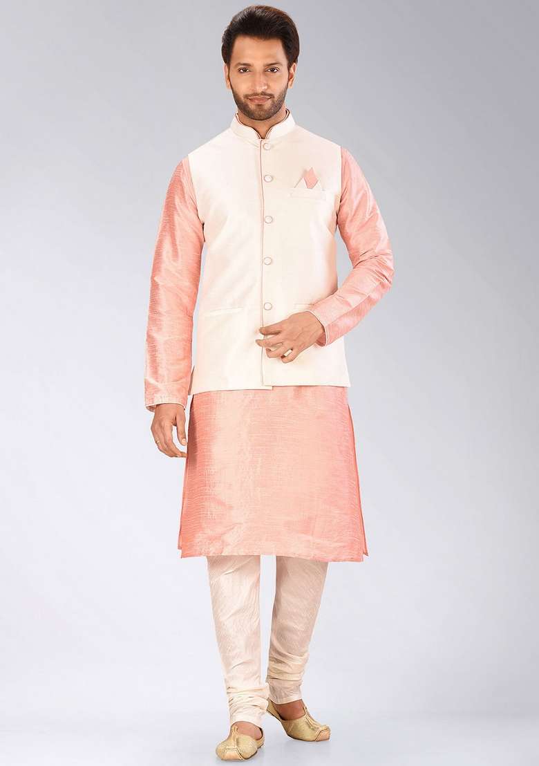 Pink Solid Art Silk Blend Nehru Jackets Set For Men - Indya