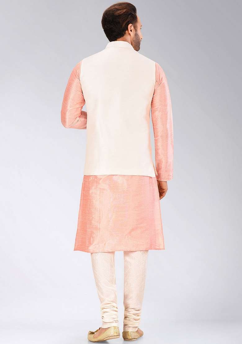 Pink Solid Art Silk Blend Nehru Jackets Set For Men - Indya