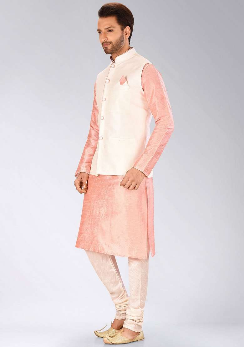 Pink Solid Art Silk Blend Nehru Jackets Set For Men - Indya