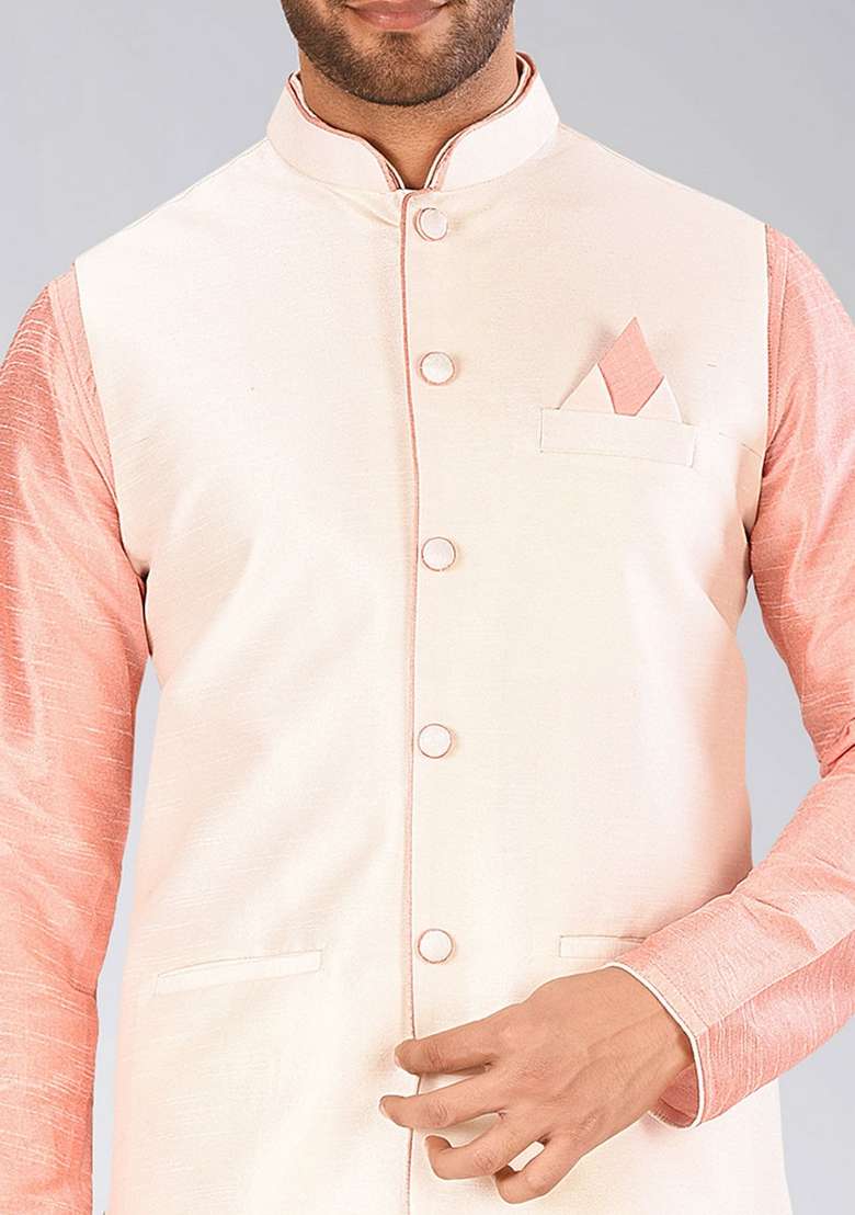 Pink Solid Art Silk Blend Nehru Jackets Set For Men - Indya