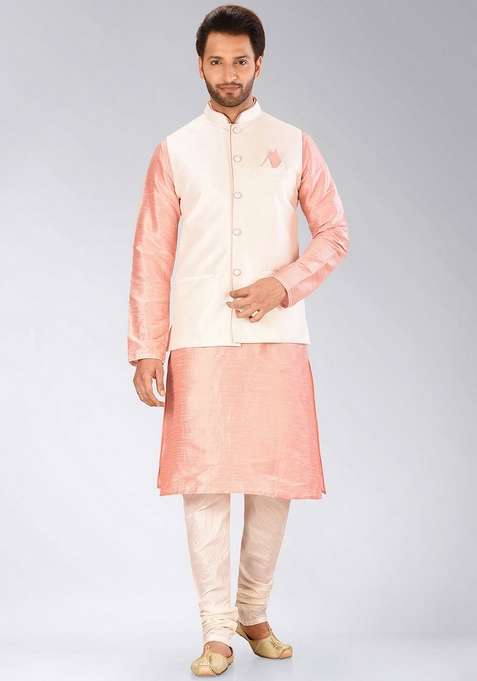 Pink Solid Art Silk Blend Nehru Jackets Set For Men