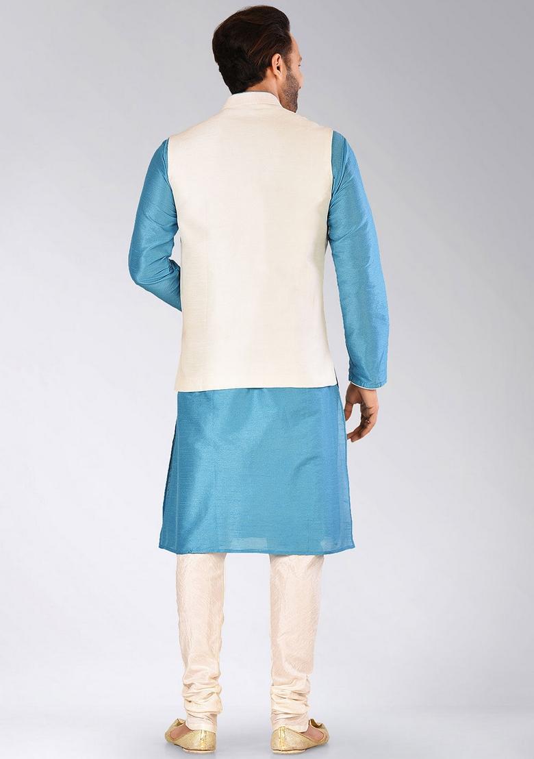 Firozi Solid Art Silk Nehru Jackets Set For Men - Indya