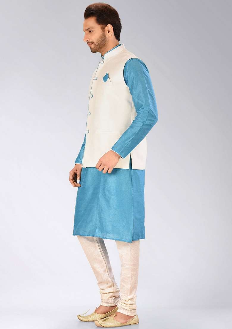 Firozi Solid Art Silk Blend Nehru Jackets Set For Men - Indya