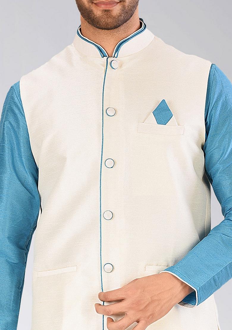 Firozi Solid Art Silk Nehru Jackets Set For Men - Indya