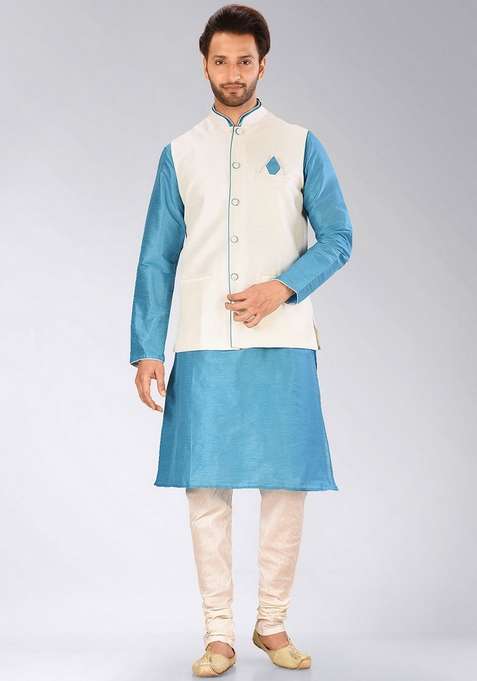 Firozi Solid Art Silk Blend Nehru Jackets Set For Men