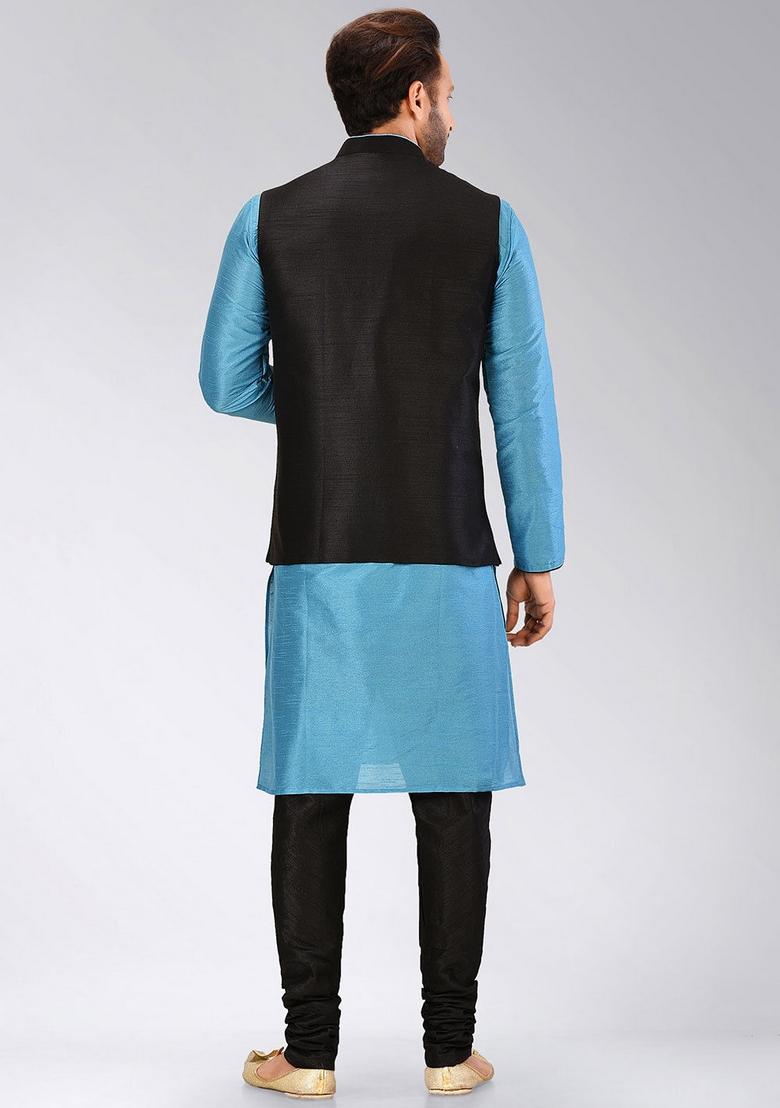 Firozi Solid Art Silk Nehru Jackets Set For Men - Indya