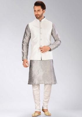 Grey Solid Art Silk Nehru Jackets Set For Men