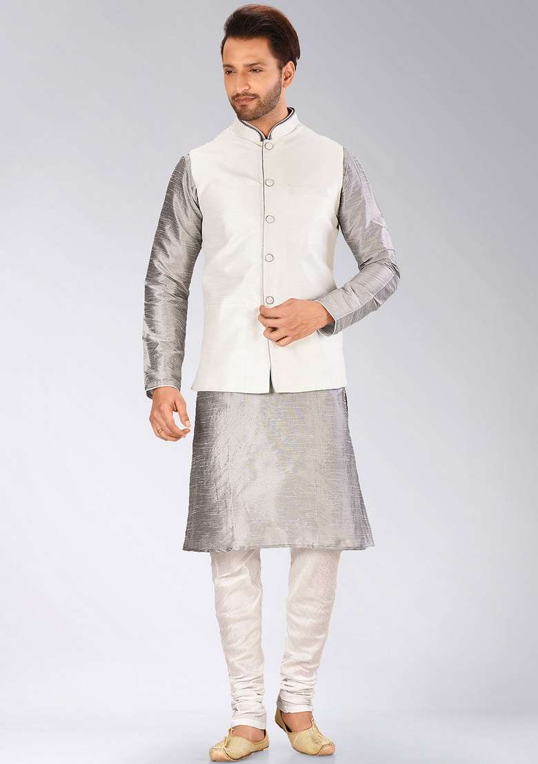 Grey Solid Art Silk Blend Nehru Jackets Set For Men - Indya