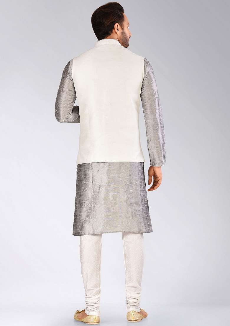 Grey Solid Art Silk Blend Nehru Jackets Set For Men - Indya