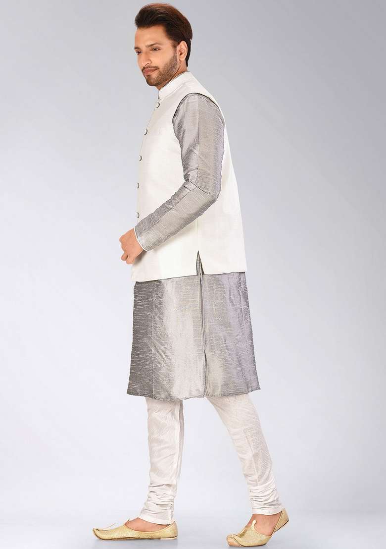 Grey Solid Art Silk Blend Nehru Jackets Set For Men - Indya