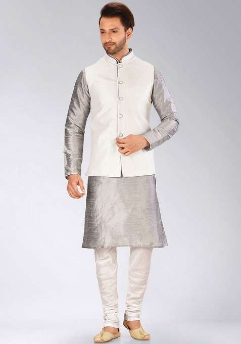 Grey Solid Art Silk Blend Nehru Jackets Set For Men