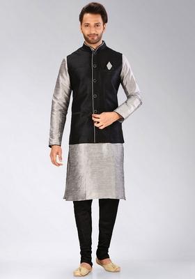 Grey Solid Art Silk Nehru Jackets Set For Men