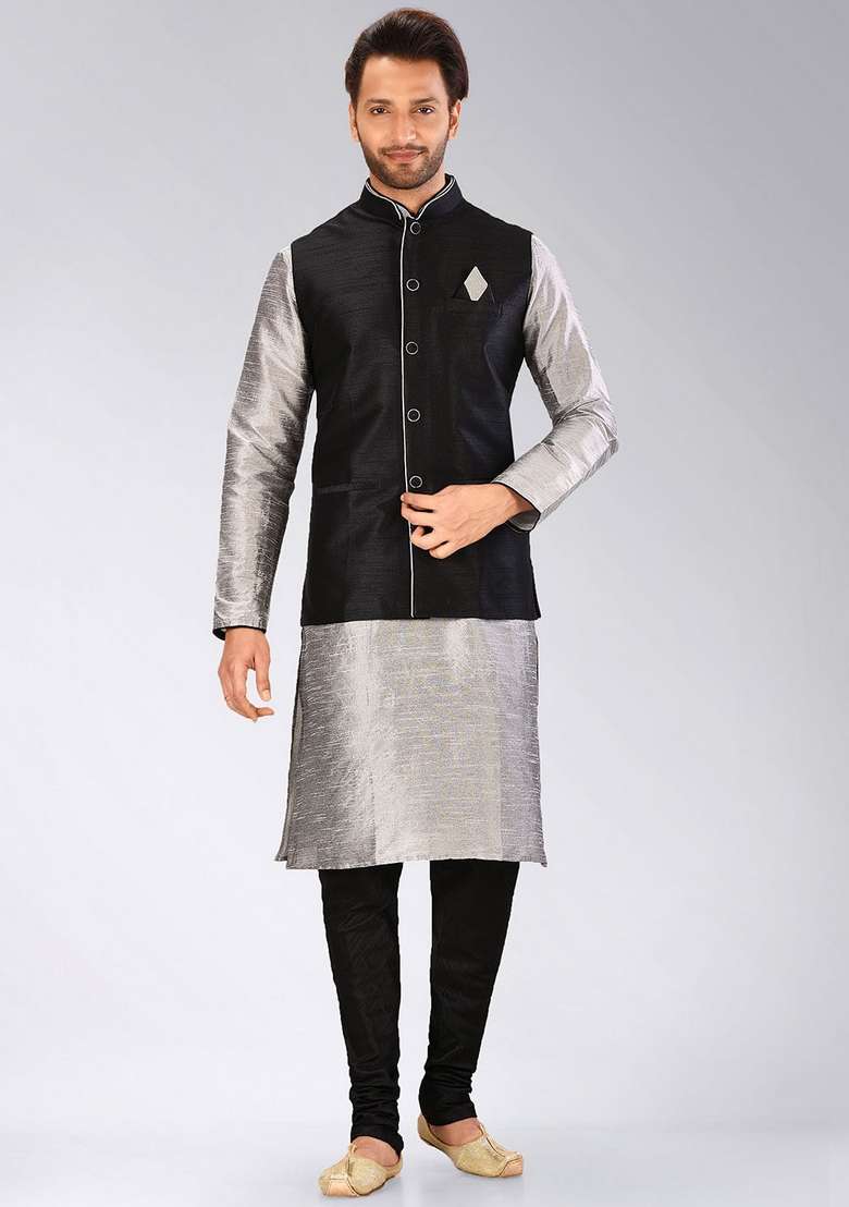 Grey Solid Art Silk Blend Nehru Jackets Set For Men - Indya