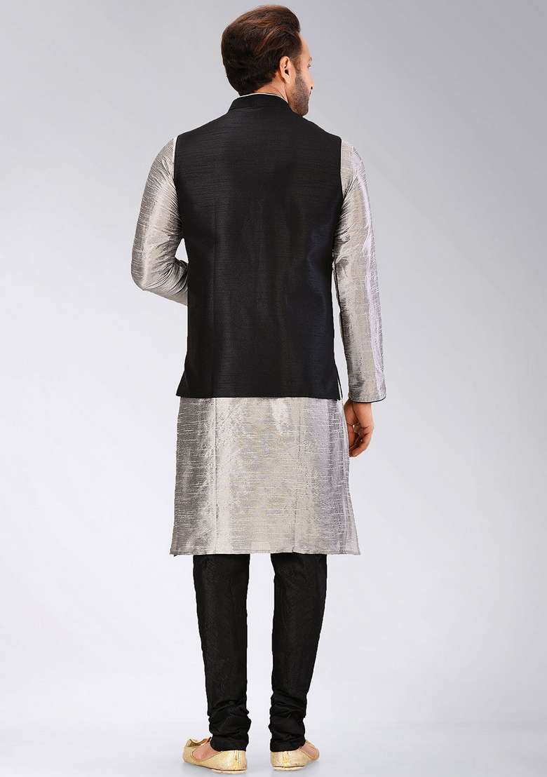 Grey Solid Art Silk Blend Nehru Jackets Set For Men - Indya