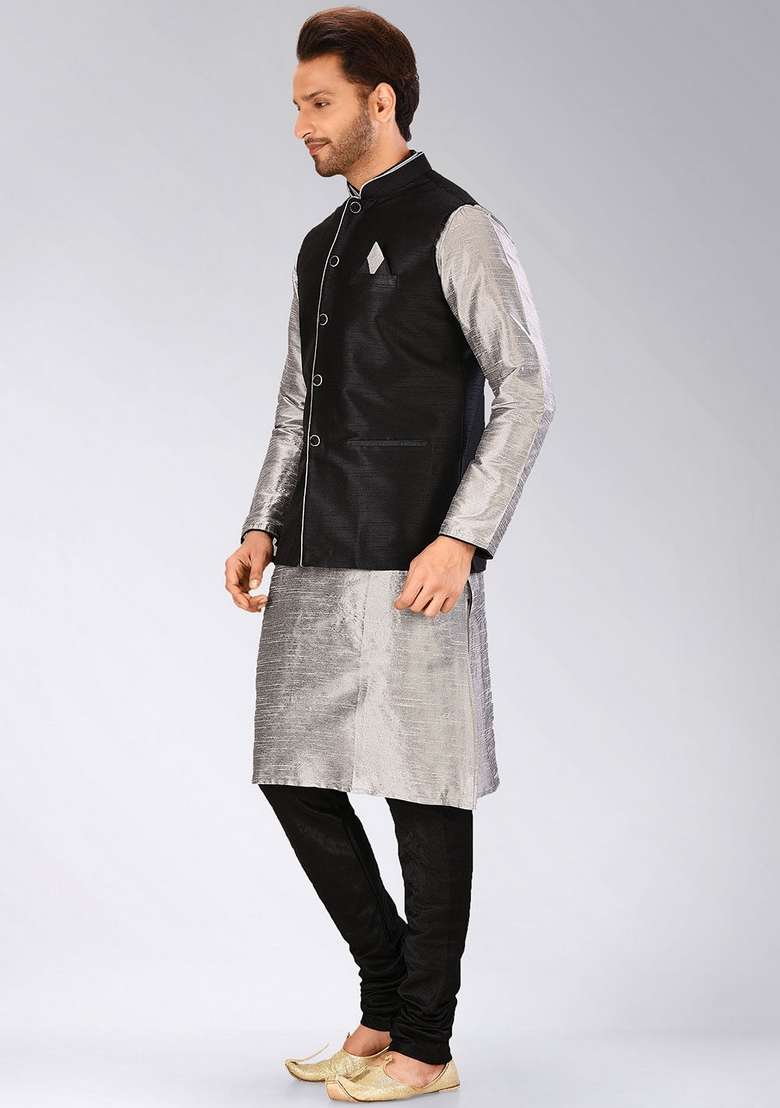 Grey Solid Art Silk Blend Nehru Jackets Set For Men - Indya