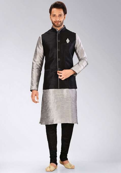 Grey Solid Art Silk Blend Nehru Jackets Set For Men