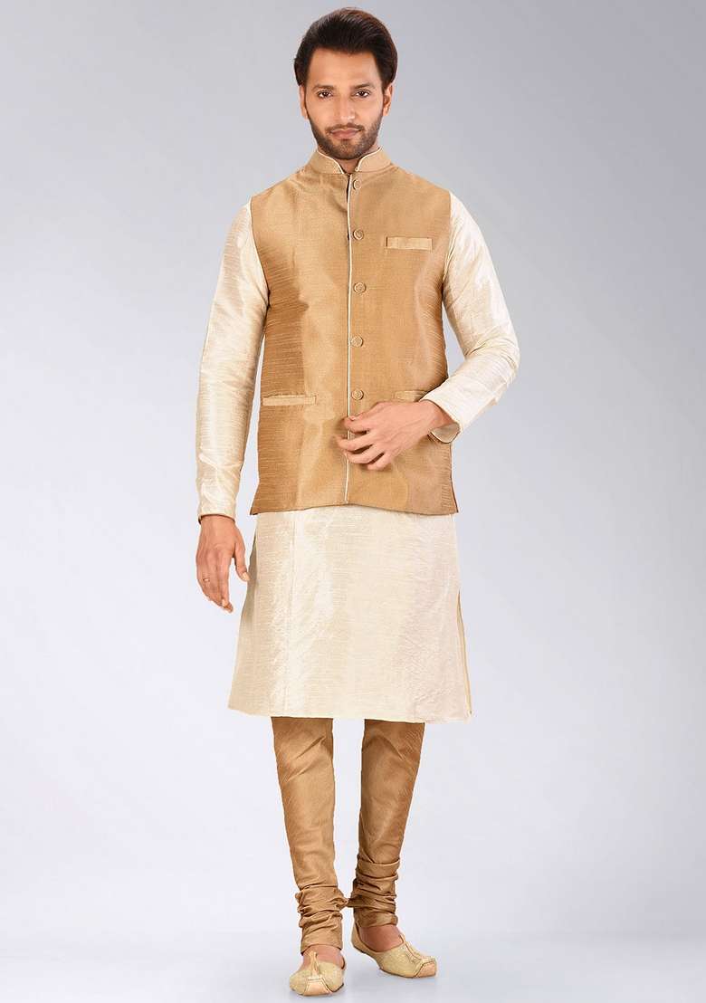 Deep Cream Solid Art Silk Blend Nehru Jackets Set For Men - Indya