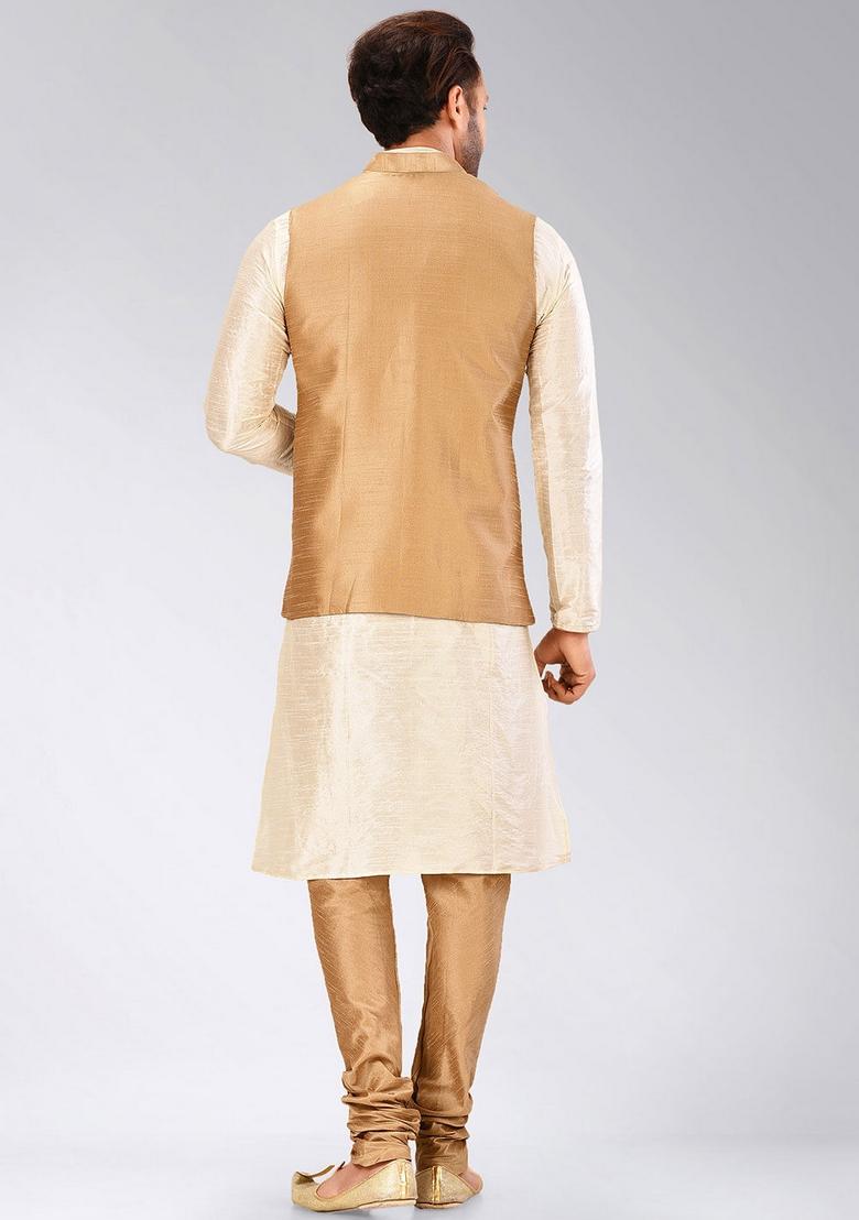 Deep Cream Solid Art Silk Nehru Jackets Set For Men - Indya