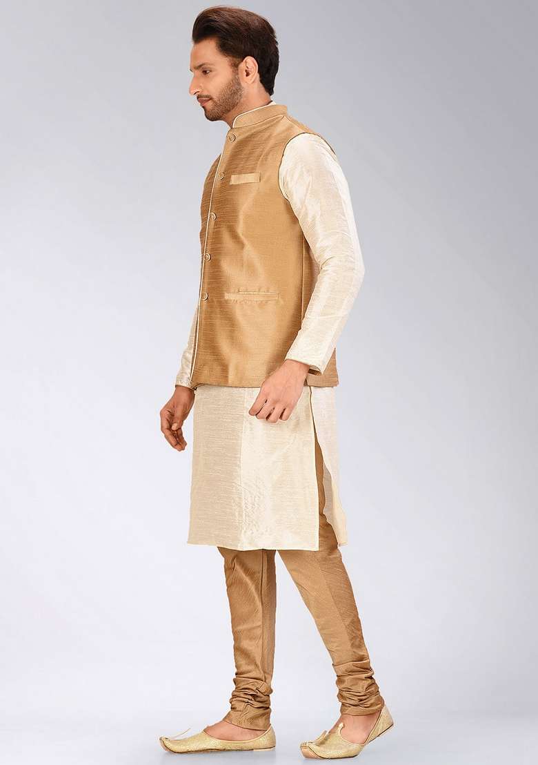 Deep Cream Solid Art Silk Blend Nehru Jackets Set For Men - Indya