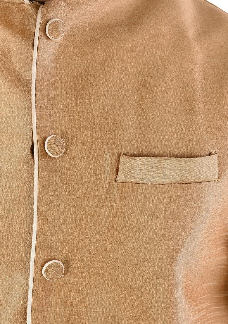 Deep Cream Solid Art Silk Nehru Jackets Set For Men - Indya
