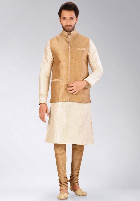 Deep Cream Solid Art Silk Blend Nehru Jackets Set For Men