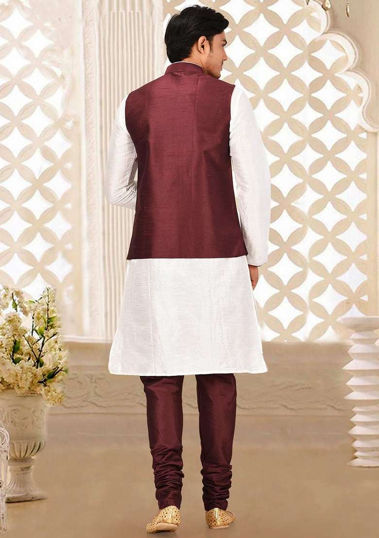White Solid Art Silk Blend Nehru Jackets Set For Men - Indya
