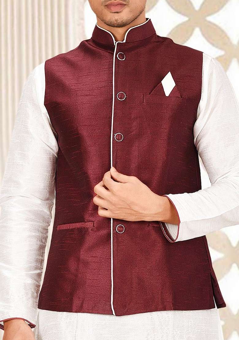 White Solid Art Silk Blend Nehru Jackets Set For Men - Indya