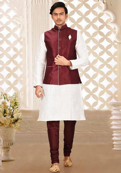 White Solid Art Silk Blend Nehru Jackets Set For Men