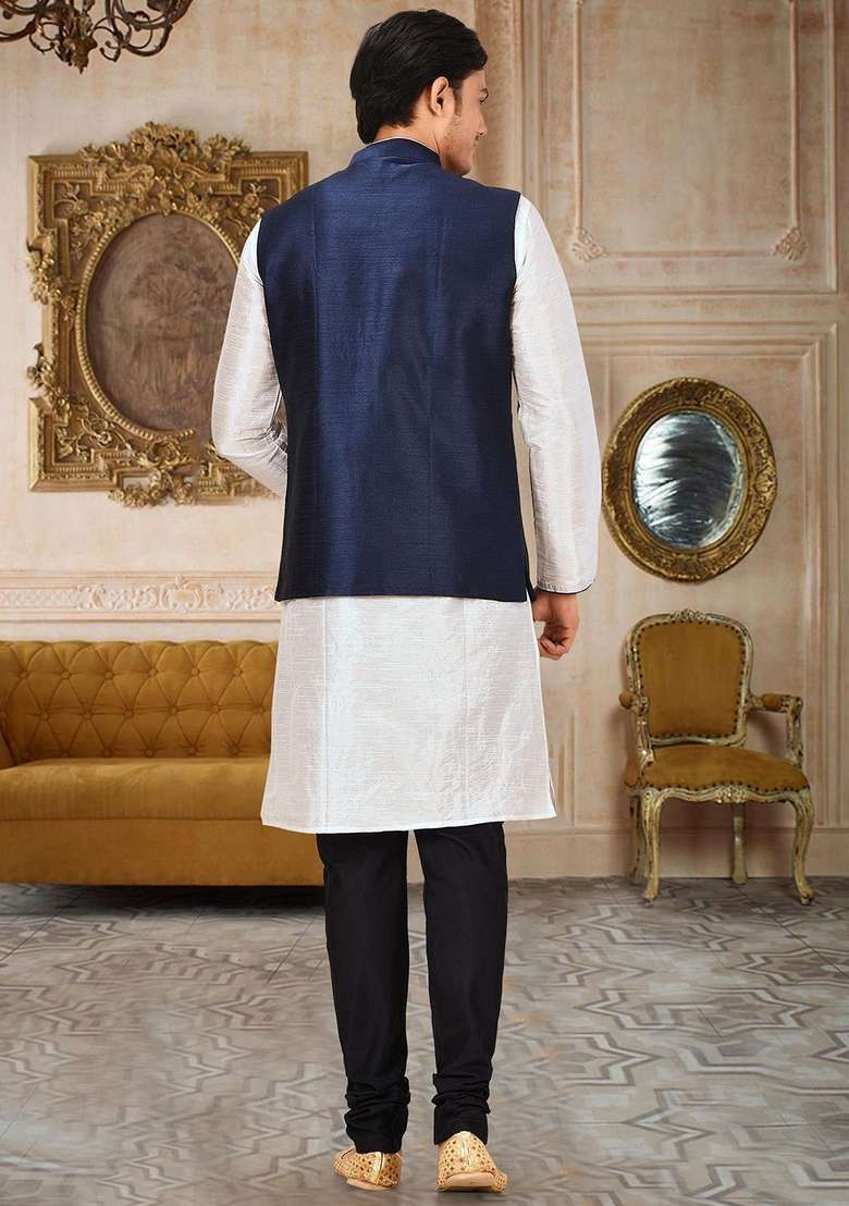 White Solid Art Silk Blend Nehru Jackets Set For Men - Indya