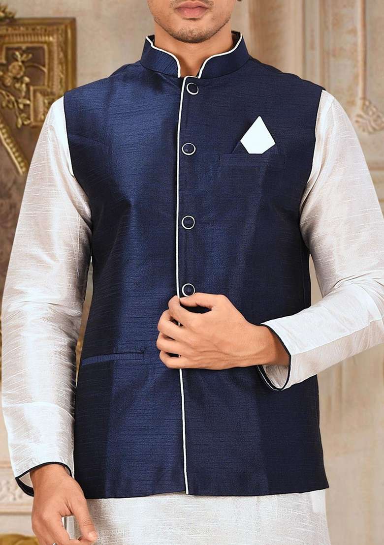 White Solid Art Silk Blend Nehru Jackets Set For Men - Indya