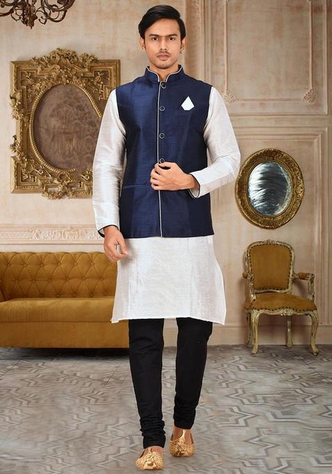 White Solid Art Silk Blend Nehru Jackets Set For Men
