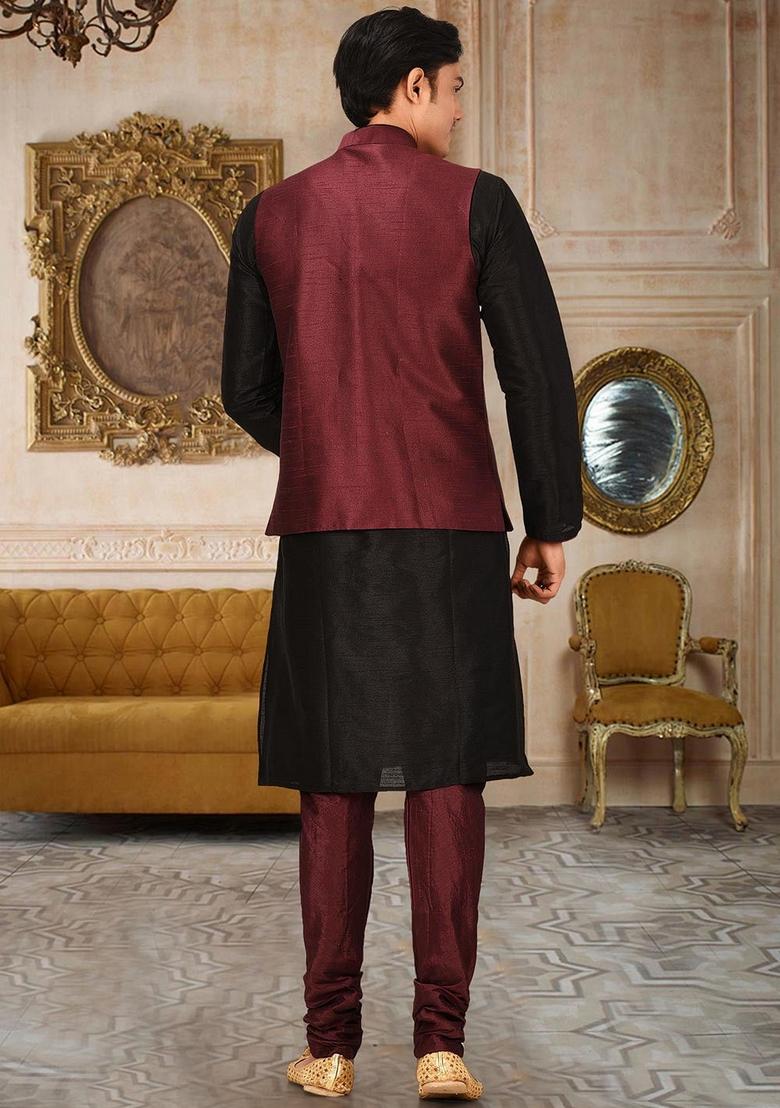 Black Solid Art Silk Nehru Jackets Set For Men - Indya