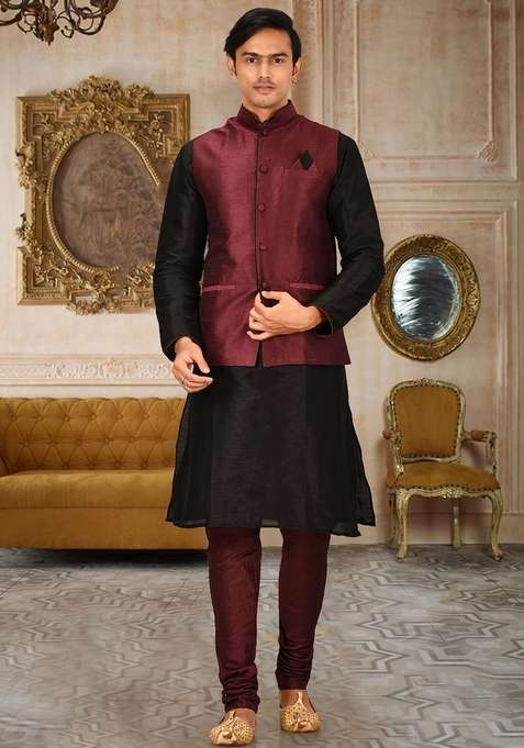 Black Solid Art Silk Blend Nehru Jackets Set For Men