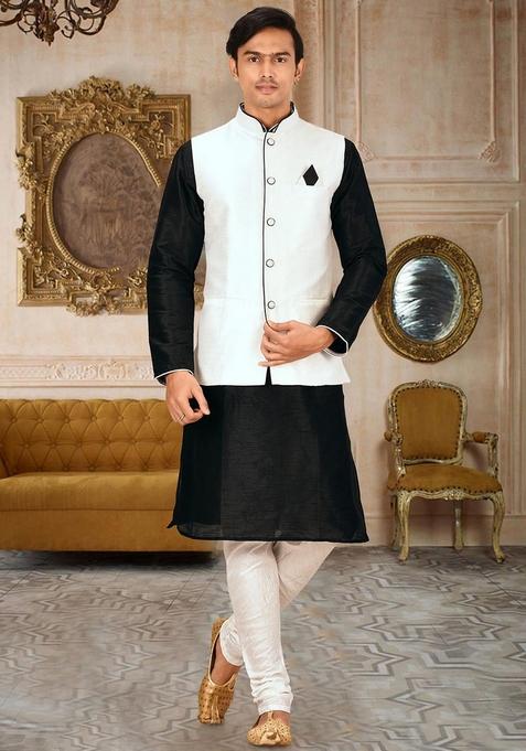 Black Solid Art Silk Nehru Jackets Set For Men — view on Indya