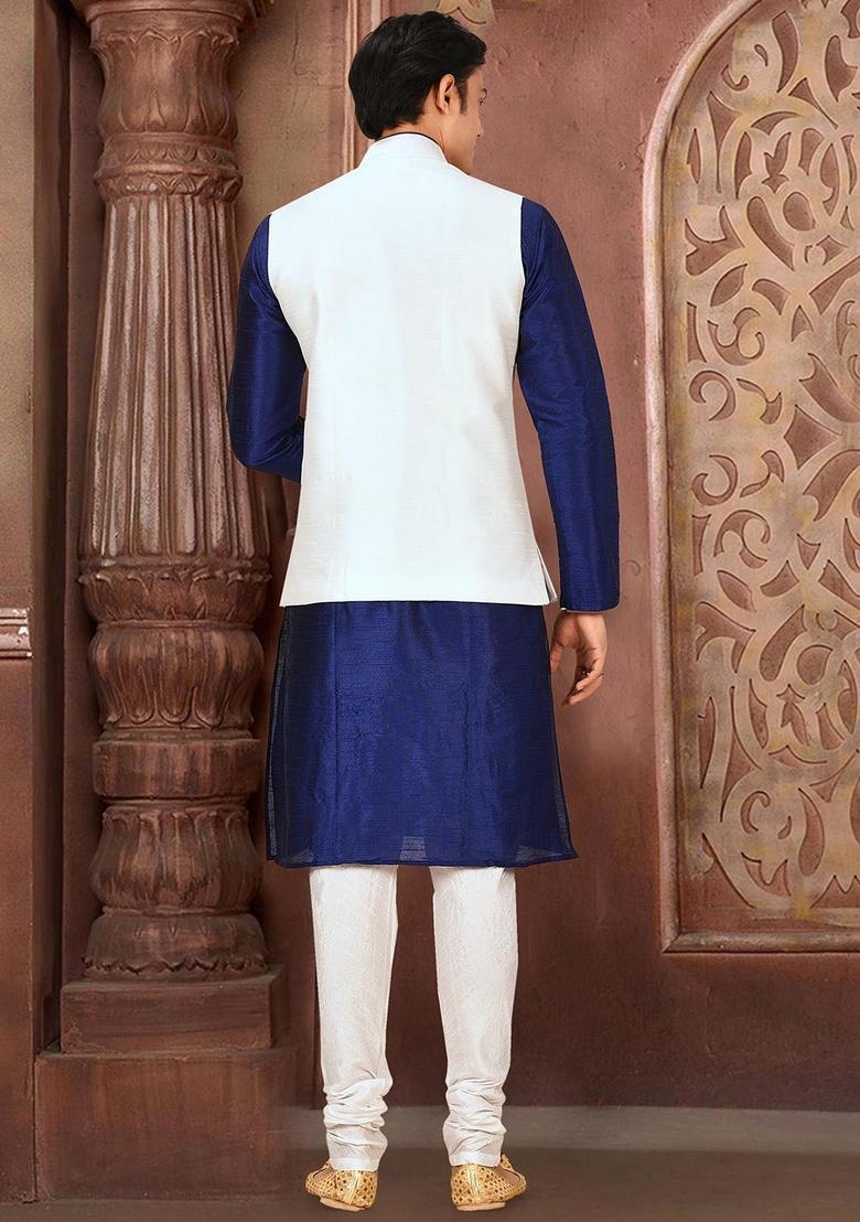 Royal Blue Solid Art Silk Nehru Jackets Set For Men