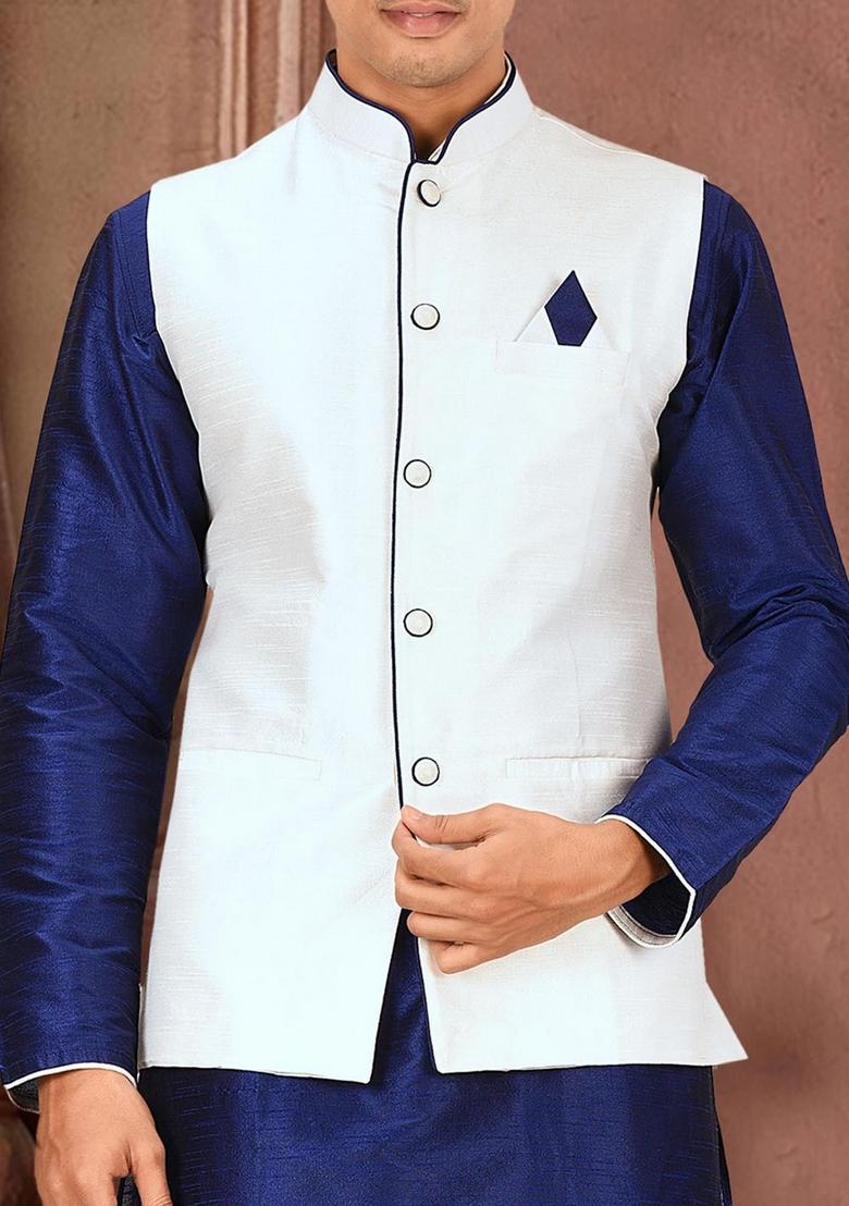 Royal Blue Solid Art Silk Nehru Jackets Set For Men
