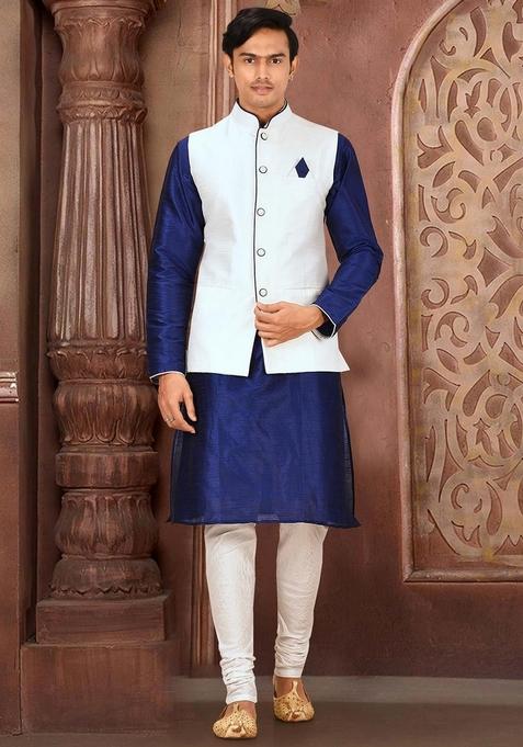 Royal Blue Solid Art Silk Nehru Jackets Set For Men