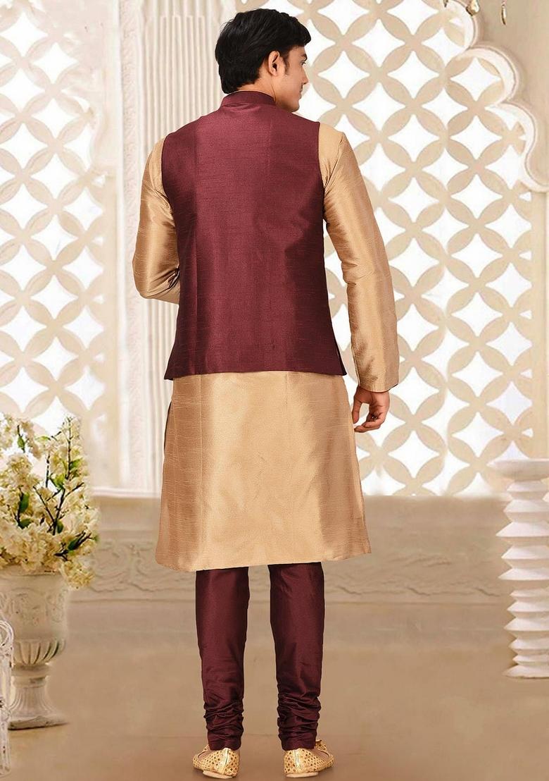 Chikoo Brown Solid Art Silk Nehru Jackets Set For Men