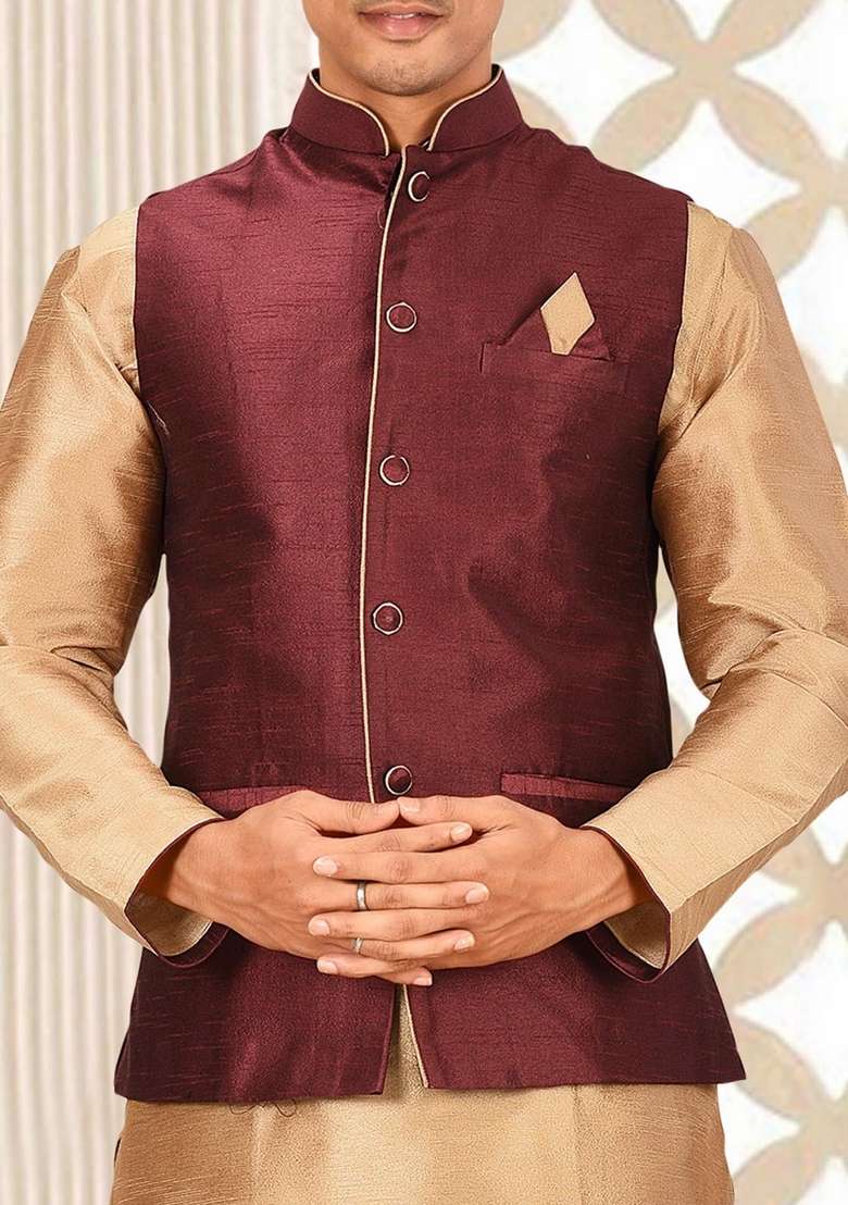 Chikoo Brown Solid Art Silk Blend Nehru Jackets Set For Men - Indya