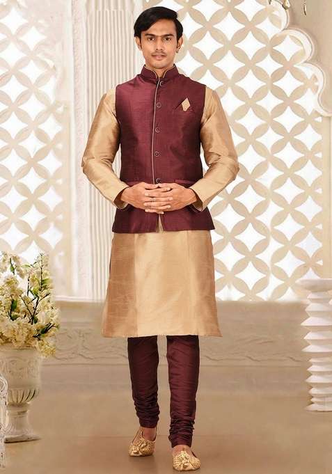 Chikoo Brown Solid Art Silk Blend Nehru Jackets Set For Men