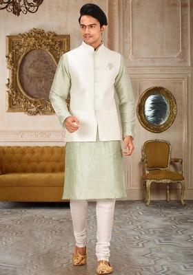 Sea Green Solid Art Silk Nehru Jackets Set For Men