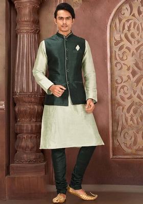 Sea Green Solid Art Silk Nehru Jackets Set For Men