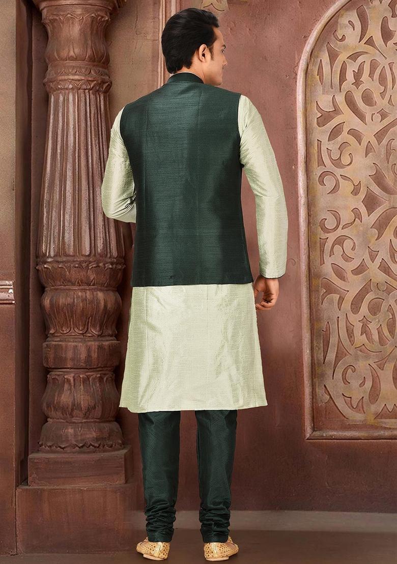 Sea Green Solid Art Silk Nehru Jackets Set For Men