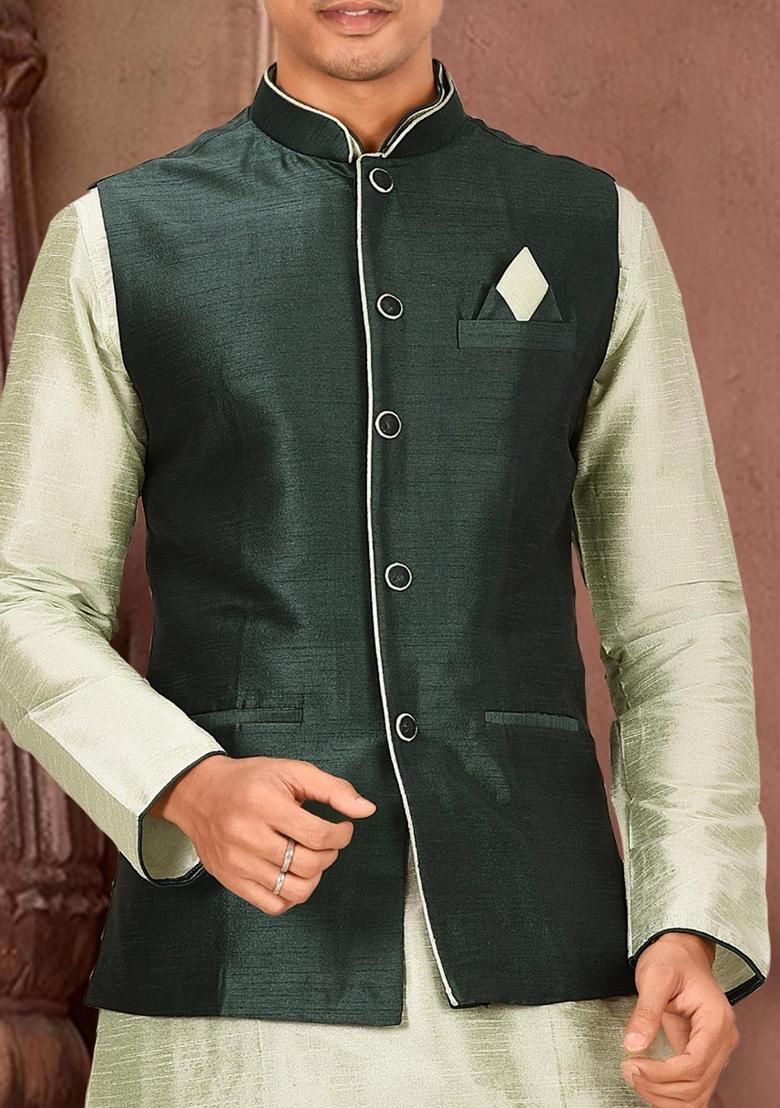 Sea Green Solid Art Silk Nehru Jackets Set For Men