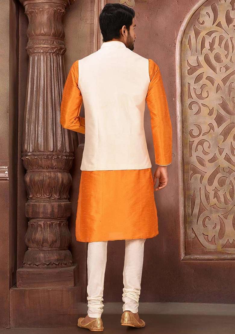 Mustard Yellow Solid Art Silk Blend Nehru Jackets Set For Men - Indya